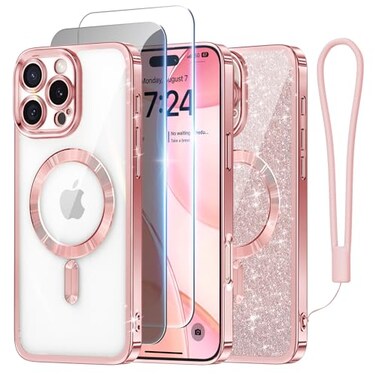 Meifigno Case Designed for iPhone 16 Pro Compatible with MagSafe 1X HD1X Privacy Screen Protectors Glitter CardWrist Strap Surround Lens Protection Designed for iPhone 16 Pro Case Rose Gold