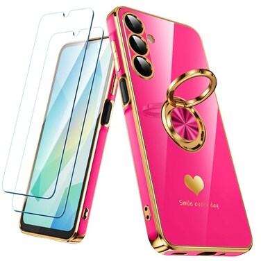 Nonional for Samsung Galaxy A16 5G Case with 2 Pack Screen Protector 360 Rotatable Ring Holder Luxury Hearts Pattern Plating Gold Edge Slim Soft Phone Cover Case for Galaxy A16 Hot Pink