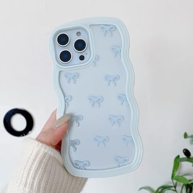 QLTYPRI Bow Case for iPhone 16 Pro Max Clear Cute Ribbon Bow Phone Case Curly Wavy Aesthetic Phone Case Slim Soft Transparent Shockproof Protective Cover for Women Girls Light Blue