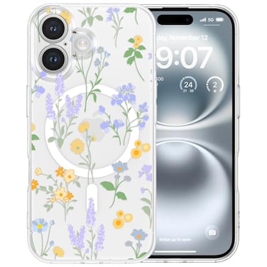 RALEAVO for iPhone 16 Case Compatible with MagSafe Strong Magnetic Clear Floral Cover for Women Girls Slim Hard Back Protective Phone Case for iPhone 16 61ClearLavender