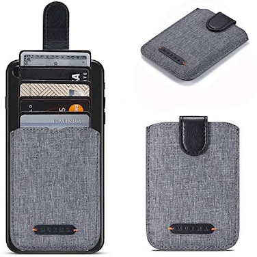 BIAJIYA Card Holder for Back of Phone RFID 5 Pull Credit Card Cash Cell Wallet Pocket Canva Leather Case for Smartphones Black
