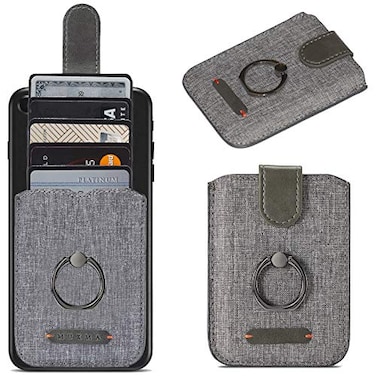 BIAJIYA Card Holder for Back of Phone RFID 5 Pull Credit Card Cash Cell Wallet Pocket Canva Leather Case for Smartphones Gray