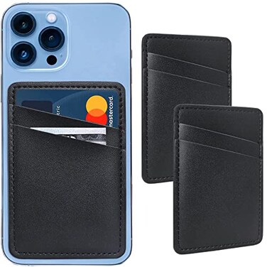 Limvory Leather Phone Wallet Stick On Credit Card Holder for Phone Case Compatible with iPhone Samsung Android All Cell Phones 2Pack Black