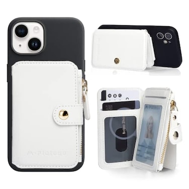 M-Plateau MPlateau Phone Wallet Stick on PU Leather Card Holder with Zipper Pocket Compatible with iPhone Case White