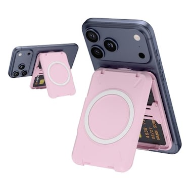 PROfezzion Magnetic Wallet Card Holder for MagSafe RFID Blocking Hard Shell 4 Credit Card Money Pocket Magnetic Wallet Stand for iPhone 16 15 14 13 12 Plus Max Pink