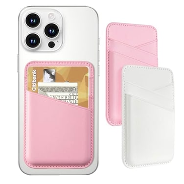 Senose Phone Wallet Stick on 2 Pack Phone Card Holder for Phone Case Leather Credit Card Sticky Wallet 3 Pockets Back of phone Compatible for iPhone Android SamsungWhite Pink