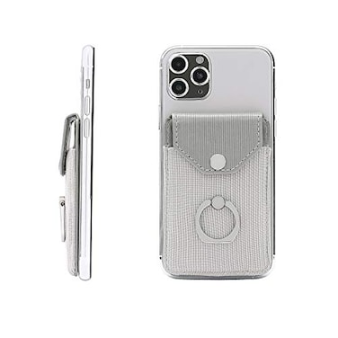 YUNCE Cell Phone Card Holder RFID Ring Stand Stick on Wallet Card Holder for Back of Phone for iPhone Android and All Smartphones Adhesive Credit Card Holder for Cell PhonePolyester Grey