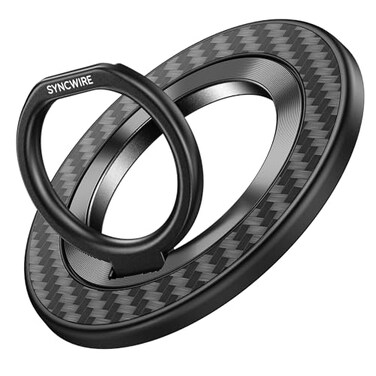 SYNCWIRE Carbon Fiber Magnetic Phone Ring Holder for MagSafe Magnet Phone Grip Stand with 360 Rotation Reinforced Hinge Compatible with iPhone 16 15 14 13 Pro Max Plus MagSafe Accessories