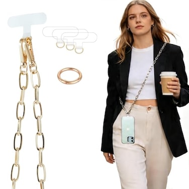 Casecond Crossbody Phone Lanyard Chain Shoulder CellPhone Strap Phone Charm Neck Chain iPhone Holder 3 Pad Patche Tether Universal for iPhone 16 Pro Max 15 14 11 Samsung S24 Flip 5 Google Moto Gold