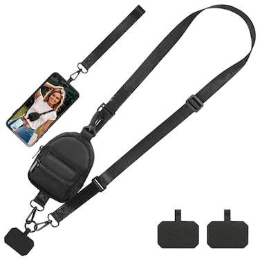 FLOLUVZ Clip and Go Strap for Phone with Wallet Crossbody Adjustable Phone Lanyard with Cell Phone Wrist Strap Tether Tab for Women Men SportStyle Black