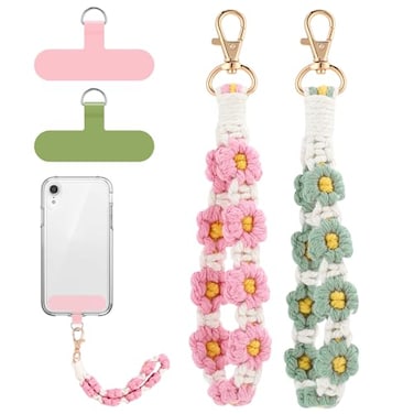 Jspupifip 2 PCS Boho Macrame Phone Wrist Strap Cute Cell Phone Lanyard with Tether Tab Floral Smartphone Wristlet Bracelet Keychain Anti Theft Strap for Women Pink and Green