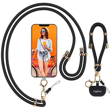 Kaptron 2Pcs Cell Phone Lanyard Universal Adjustable Crossbody Phone Strap and Wrist Strap with 2 Lobster Clips and 2 Tether Patches Compatible with Most iPhone and Android Smartphones BlackGold