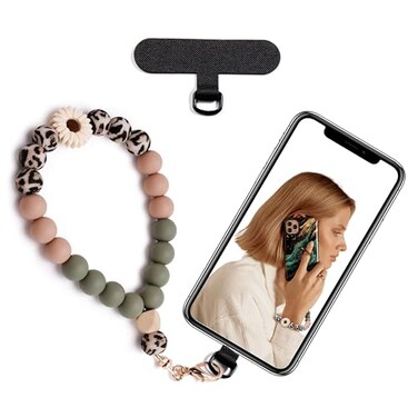 Lostars Silicone Beaded Phone Wrist Strapphone bracelet strap with Tether TabElastic HandsFree wristlet strap Daisy Leopard
