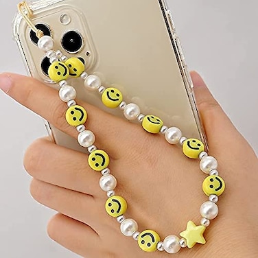 LUSTEMBER Cute Beaded Phone Charm Smiley Face Wrist Strap Colorful Handmade Polymer Clay and Pearl Chain