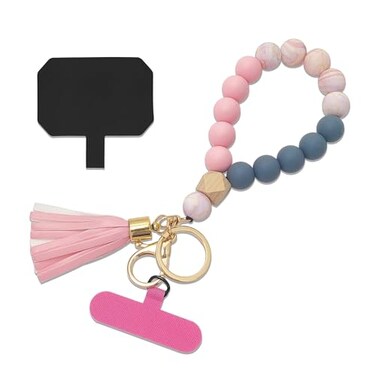 Nalefow Phone Lanyard Silicone Beaded Phone Wrist Strap Cute Elastic Cell Phone Wristlet Chain Bracelet with 2 Tether Tab Colorful Pink