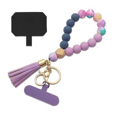 Nalefow Phone Lanyard Silicone Beaded Phone Wrist Strap Cute Elastic Cell Phone Wristlet Chain Bracelet with 2 Tether Tab Colorful Purple