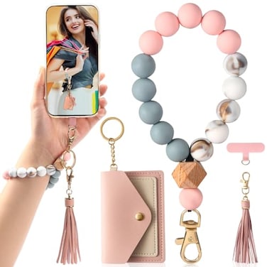VZZNN Phone Wrist Strap Silicone Beaded Cell Phone Lanyard with Tether Tab Tassel Wallet Wristlet Keychain for Women Credit Card Holder Keychains Silicone Key Ring Wristlet for Car Keys ID BadgesPink
