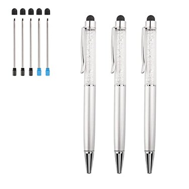 YOUMI 3 pcs 2 in 1 Bling Ballpoint Pens Crystal Diamond Pen Capacitive Touch Screen Stylus with Replacement Refills Black Blue Ink Rubber Tips for iPhone iPad Kindle Touchscreen Devices Silver