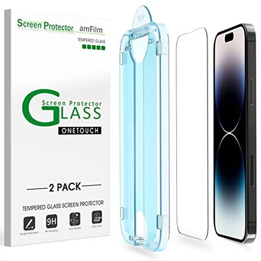 amFilm AutoAlignment OneTouch for iPhone 14 Pro Max 67 Screen Protector Tempered Glass 30 Seconds Installation Bubble Free Case Friendly AntiScratch 2 Pack