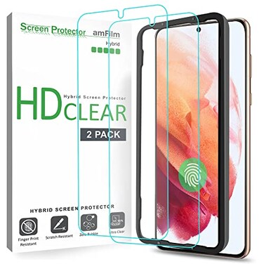 amFilm Screen Protector for Samsung Galaxy S21 5G 62 inch 2021 Fingerprint ID Compatible HD Clear Scratch Resistant Hybrid with Easy Installation Tray Polyethylene Terephthalate 2 Pack