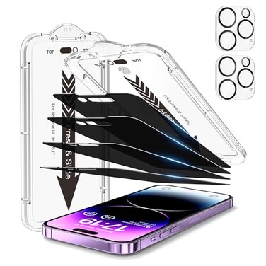 EZ-GLAZ EZGLAZ 4Pack Screen Protector for iPhone 14 Pro 61 inch Black Privacy with Flawless Fit Kit 2Pack Camera Lens Protector 15Second BubbleFree Installation 9H Hardness 12FT Military Grade Shatter