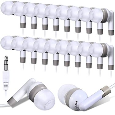Konohan 100 Pcs Bulk Earbuds with Wire Basic Headphones in Ear for Libraries Laptop No Microphone 35 mm Jack Earbuds Dot Headphones Individually Bagged White