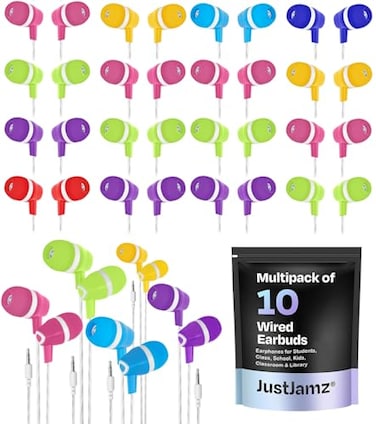 JustJamz Bulk Ear Buds Bubbles 10 Pack Wired Ear Buds Bulk for Schools Classrooms and Students with 35mm Jack Earphones in Bulk Wired Earbuds Pack School Supplies Earbuds and Multi Pack Headphones
