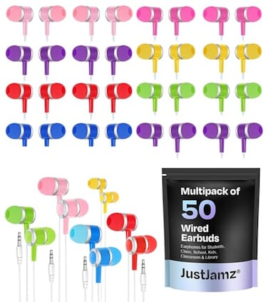 JustJamz Bulk Earbuds 50 Pack of Colorful Wired Ear Buds for Classroom Schools and Students Disposable Headphones with 35mm Jack Economy for Kids Earbuds in Bulk for Schools