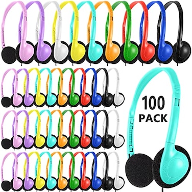 XOSDA Bulk Headphones 100 Packs Multi Color for School Classroom Kids Wholesale Class Set Headphones for Students Children Teens and More LS04100 Mixed