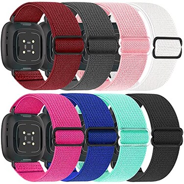 URU Shield 8 Pack Elastic Bands Compatible with Fitbit Versa 3 Fitbit Versa 4 Fitbit Sense Fitbit Sense 2 Adjustable Nylon Sport Strethy Wristband for Fitbit Versa 3 Versa 4 Smartwatch Women Men