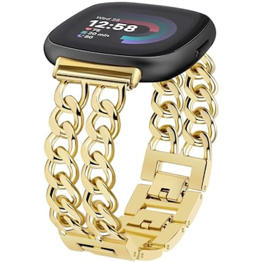 JR.DM JRDM Gold Watch Bands for Women Compatible with Fitbit Versa 4Versa 3Fitbit Sense 2Sense Band Adjustable Metal Strap Cowboy Steel Double Chain Bracelet