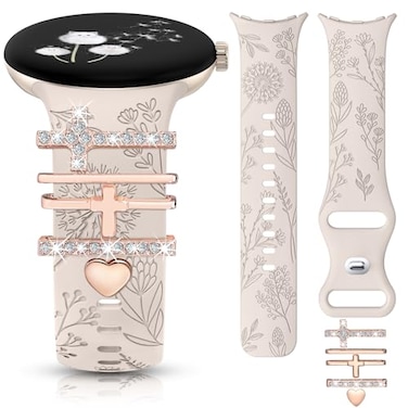 Minyee Floral Engraved Band Charms Compatible with Google Pixel Watch 43 41mm 21 Bands Women Cute Soft Silicone Flower Straps with Decorative Ring Loop for Pixel Watch 2 With Band Starlight