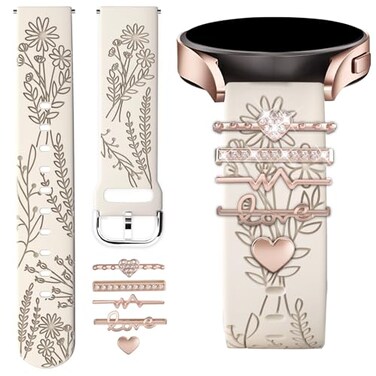 ORATYFAN Wildflower Engraved Bands Compatible with Samsung Galaxy Watch 7 FE 6 4 5 Band 40mm 44mm Galaxy Active 2 20mm Soft Silicone Replacement Strap with Cute Decorative Charms Rings Accessories for