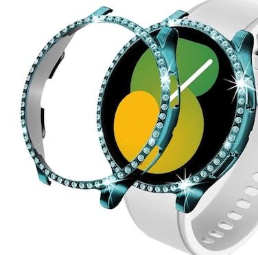 DEALELE 2PACK Case Compatible with Samsung Galaxy Watch 54 44mm Bling SingleRow Diamond PC Protective Case Replacement Watch Cover Bumper 44mm GreenTransparent