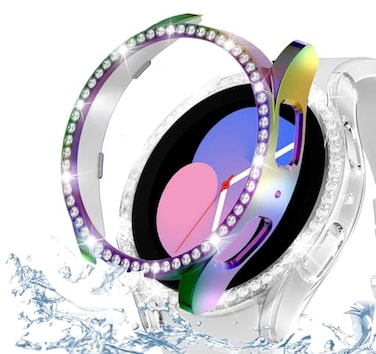 DEALELE 2Pack Case Compatible with Samsung Galaxy Watch 54 44mm Bling SingleRow Diamond PC Protective Case Replacement Watch Cover Bumper 44mm RainbowTransparent