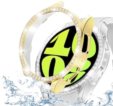 DEALELE 2Pack Case Compatible with Samsung Galaxy Watch 6 40mm Bling SingleRow Diamond PC Protective Case Bumper Replacement Watch Cover 40mm Gold Transparent