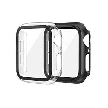 EDIMENS 2 Pack Hard PC Case Compatible with Apple Watch Series 6 SE 54 44mm Women Men Overall PC Case Slim Tempered Glass Screen Protector Protective Cover for Apple iWatch 44mm SE Clear Black
