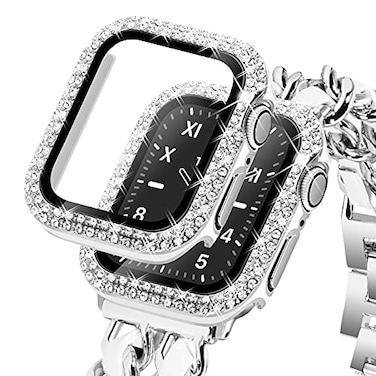 KADES Bling Case for Apple Watch with Builtin Screen Protector Tempered Glass Sparkling Rhinestone Protective Cover for iWatch Series SE3 SE2 6 5 4 SE 40mm White with Silver Edge