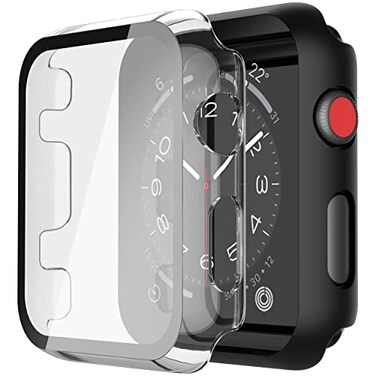 Misxi 2 Pack PC Case with Tempered Glass Screen Protector Compatible with Apple Watch Series 3 Series 2 42mm HD Overall Shockproof Protective Cover for iWatch 1 Black 1 Transparent