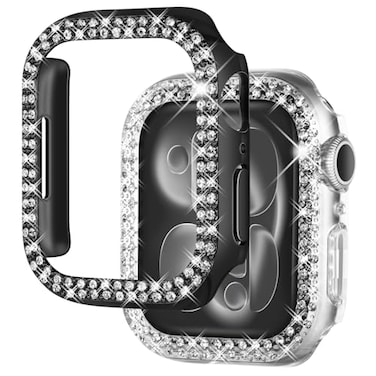 NewWays 2Pack Luxury Bling Case for Apple Watch Series 4 5 6 SE 44mm Double Row Sparkling Crystals Premium Jewelry Bumper Slim Protective Frame Cover for Women BlackClear