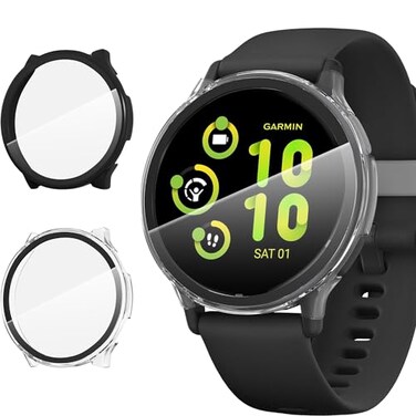 Suoman 2 Pack for Garmin vivoactive 5 Smartwatch Case 9H Tempered Glass Screen Protector Charger Port Allcoverage PC Protective Cover Bumper BlackClear