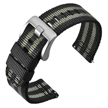 ANNEFIT Quick Release Watch Bands 24mm Military Nylon Watch Strap for Men Heavy Duty Stainless Steel Brushed Silver Buckle BlackGrey