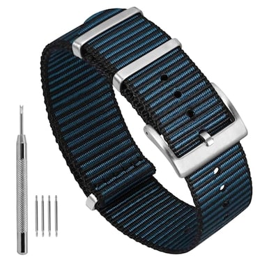 Ayadoo Stripe Nylon Watch Bands Sport OnePiece Watch Strap Compatible With 20mm Replacement Black Blue with Silver Buckle