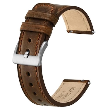 BISONSTRAP Leather Watch Straps Classic Oil Waxed Leather Quick Release Replacement Band for Men and Women 18mm Dark BrownSilver Buckle