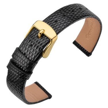ANNEFIT Womens Leather Watch Band 12mm with Gold Buckle Lizard Grain Slim Thin Replacement Strap Black