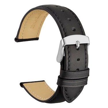 WOCCI 19mm Vintage Leather Watch Band for Men and Women Silver Buckle Black