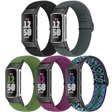 Bcuckood 5 Pack Elastic Nylon Watch Bands Compatible for Fitbit Charge 6Fitbit Charge 5 Adjustable Breathable Replacement Stretchy Nylon Loop Wristband Sport Strap for Women Men