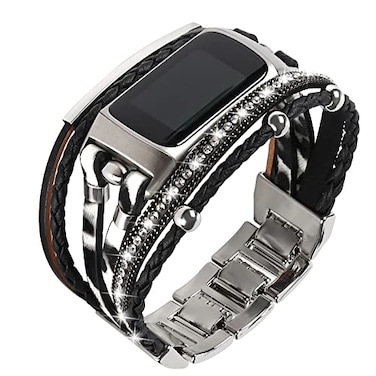 YOSWAN Leather Bands Compatible with Fitbit Charge 6Charge 5 Bands for Women Boho Handmade Multilayer Wrap Bracelets Jewelry Strap Replacement for Charge 6Charge 5 Fitness Tracker Black White