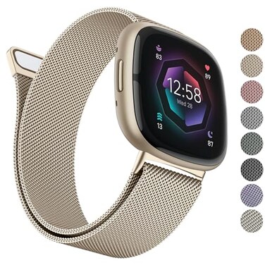 AK Metal Band Compatible With Fitbit Sense 2Versa 4 Stainless Steel Mesh Loop Strap for Women Men Small Champagne