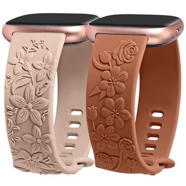 Minyee 2 Packs Floral Engraved Band Compatible with Fitbit Versa 4Versa 3Sense 2Sense Band Women Soft Embossed Silicone Wildflowers Rose Design Sport Fancy Summer Replacement Strap for Versa 4